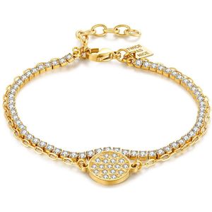 Twice As Nice Armband in goudkleurig edelstaal, dubbele armband, ronde met witte kristallen 16 cm+3 cm