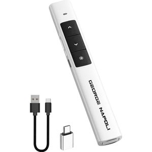 George Napoli Draadloze presenter met laserpointer Wit Deluxe - Presentatie klikker - Wireless Presenter - Powerpoint afstandsbediening - Draadloze dongle - USB-C Adapter