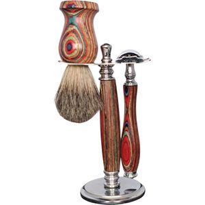 Old Barbers - Luxe 3 delige Scheerset - Houder/Scheerkwast/Classic Scheermes - Echt Hout - Echt Haar - Rainbow
