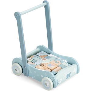 Houten Loopstoeltje met Blokken - Duwwagen voor Baby's - Klassiek Speelgoed voor Leren Lopen