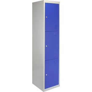 Lockerkast Metaal - Blauw - Driedeurs - Flatpack - 38cm(B)x38cm(D)x180cm(H) - Ventilatie - 2 GRATIS magneten - lockers kluisjes