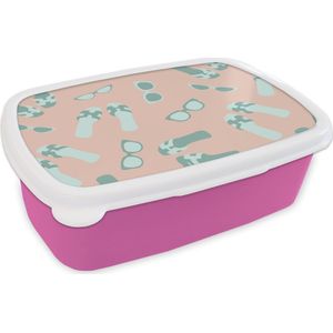 Broodtrommel Roze - Lunchbox - Brooddoos - Zomer - Zonnebrillen - Slippers - Pastel - 18x12x6 cm - Kinderen - Meisje