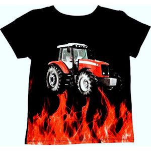 T-shirt met rode trekker, tractor, zwart, full colour print, kids, kinder, maat 158/164, stoer, vuur, fire, mooie kwaliteit!