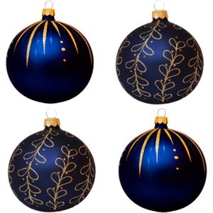 Stijlvolle Blauwe Matte Kerstballen met Luxe Gouden Decoratie- Streepjes en Krullen - Doosje met vier kerstballen van 8 cm