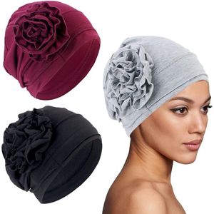 Html 3-pack dames tulband hoeden - elastische gebreide - bloemen - elegante hoofddeksel Zwart S/M .
