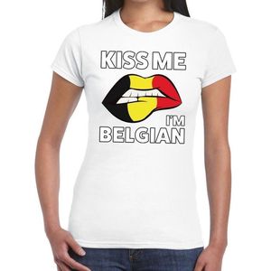 Kiss me I am Belgian t-shirt wit dames - feest shirts dames - Belgie kleding XL