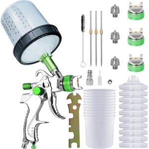 Lakpistool perslucht spuitpistool - 3 sproeiers 14 mm 17 mm 20 mm - verfspuitsysteem met wegwerpmengbeker - bevat 10 stuks - 600 ml deksel en binnenbekerkits (groen)