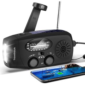 Travelhawk Noodradio - Draagbare Radio - Noodradio Solar Opwindbaar - Powerbank Zonneenergie - 2000 mAh - Zaklamp - Noodpakket - Zwart