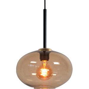 Zwarte hanglamp | 1 lichts | bruin / zwart | niet spiegelend | glas / metaal | in hoogte verstelbaar tot 130 cm | diameter 26 cm | eetkamer / woonkamer / slaapkamer / hal | modern / sfeervol design