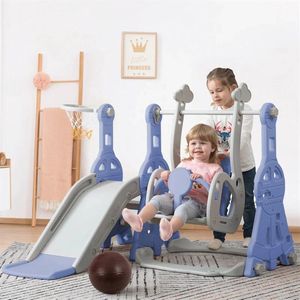 Eszenzics™ 4-in-1 Speeltoestel ""Billy"" - Glijbaan, Schommel, Ladder, Basketbalring - Model DM01 - Veilig en solide - Blauw/Grijs - 1 tot 6 jaar