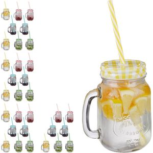 Relaxdays 32x drinkglas met deksel & rietje, weckpot, 4 kleuren, mason jar