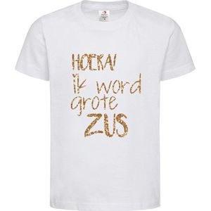 Shirt Aankondiging zwangerschap Hoera, Ik word grote zus | korte mouw | Wit/Goud GLITTER | maat 122/128 zwangerschap aankondiging bekendmaking Baby big sis sister Grote Zus