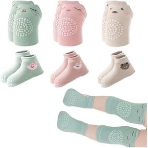Baby kniebeschermers, 3 paar antislip sokken en 3 baby kniebeschermers, baby antislip kniebeschermers, kniebeschermers voor jongens en meisjes tijdens het kruipen, kinderkniebeschermers