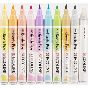 Talens Ecoline set van 10 Brush Pennen Pastel Kleuren + A4 Ecoline Blok, + 1 Ecoline Blender  + één  A4 Zipperbag