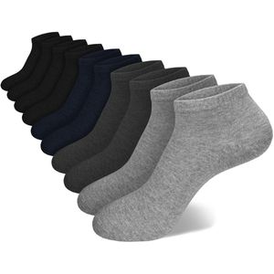 Calzera 10 Paar Enkelsokken - Sneakersokken - Lage sokken - Grijs/Antraciet/Navy/Zwart - Maat 35-42