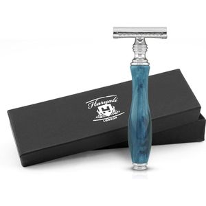Haryali London Classic Double Edge (DE) veiligheidsscheermes verchroomd met gesloten kam voor heren en dames, Inclusief 5 Mesjes ( Blauw )