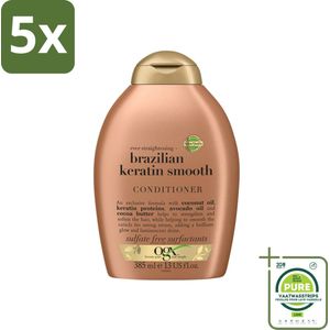 5 x OGX - Brazilian Keratin Smooth - Conditioner - Gladmakend - Herstellend - 385 ml - Grootverpakking - Haar Conditioner - Glad Haar - Keratine Conditioner - Pluisvrij Haar - Voedende Conditioner
