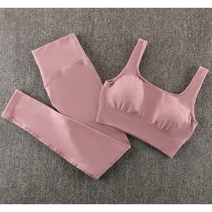 Gymset - LIGHT RIBBED - Maat S - Oudroze - Roze - 2delig lang - Fitness set - Sportkledingset - Sportset - Sportlegging - Sporttop - Yogaset