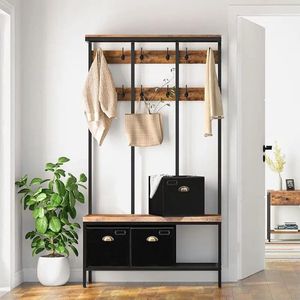 Roggi® Kapstok Staand – Kapstok Staand Met Schoenenrek – Kapstok Met Schoenen Opbergsysteem – Opbergbox - Schoenenrek – Schoenenbank - Industrieel - Hout - Metaal - Bruin - Zwart – 100 x 37 x 182 cm