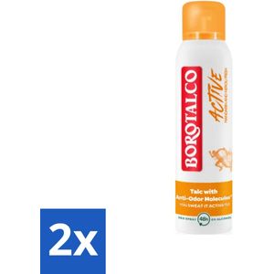 2 x Borotalco - Deodorant Spray - Active - Mandarin & Neroli Fresh - 0% Alcohol - 150 ml - Deodorant Spray - Antitranspirant - Mandarijn - Neroli - Frisse Geur