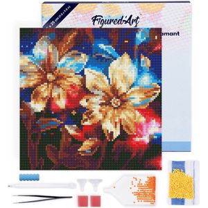 Figured'Art Mini Diamond Painting set Volwassenen 25x25 cm met lijst Glinsterende Gouden Bloemen - 5D DIY Art full drill ronde diamant - Canvas al ingelijst