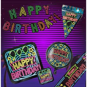 Happy Birthday Pakket Neon - Verjaardag Versiering - Happy Birthday Slinger - Verjaardag decoratie - Ballonnen - Jongen / Meisje / Volwassenen - Afzetlint - Feest versiering - Feest decoratie - Neon Happy Birthday