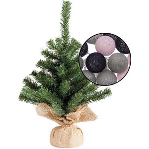 Mini kunst kerstboom groen - met verlichting bollen grijs/lichtroze - H45 cm