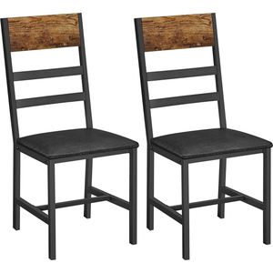 Dubbele eetstoelen, keukenstoelen set met 2, stoelen voor eetkamer, gestoffeerde zitting, stalen frame, ergonomisch design, voor woonkamer, eetkamer, rustiek bruin en zwart