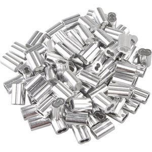 100 stks Aluminium Krimpende Loop Mouw Clips met Dubbele Aangslijn/Gaten voor 1.5mm Kabel Draad Touw - Zilver Tone