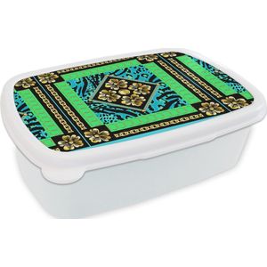 Broodtrommel Wit - Lunchbox - Brooddoos - Dierenprint - Bloemen - Ketting - Goud - Patroon - 18x12x6 cm - Volwassenen