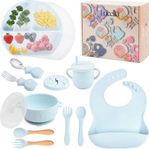 Lucellia® Siliconen babyservies set – 14 delig BabyBlauw – Kinderservies set – Kinderbord- Kom – Met Zuignap En Deksel – Kinderbestek – Babybestek – Slabbetjes – Baby drinkbeker - Tuitbeker baby - Snack cup - Kraamcadeau jongen– Babyshower cadeau