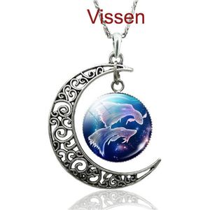 Ketting met lichtgevende hanger met het sterrenbeeld Vissen (Pisces)– zilverkleurig - lengte ketting 47 cm – geboortedatum 19 februari en ca. 20 maart.