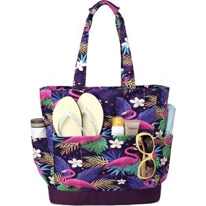 Strandtas voor Dames, VASCHY 17,3L Bloemen Waterbestendig Zanddichte Zomer Tote Bag Opvouwbare Lichtgewicht Zwembad Gym Schoudertas met Meerdere Zakken voor Vakantie, Reizen(Paarse Flamingo)