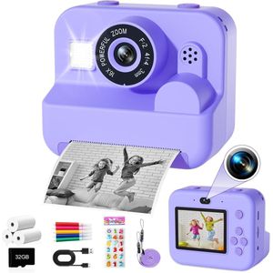 Instantcamera voor Kinderen - Speelgoed voor Kinderen van 4 Tot 10 Jaar - Educatief Speelgoed - 1080P-Camera - Inclusief 32 GB Geheugenkaart, 3 Rollen Printerpapier, 5 Pennen en Koord - Paars