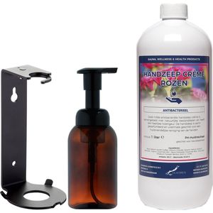 Zeepdispenser 300 ml amber bruin hervulbaar + 1 liter Handzeep Crème Rozen navulling (inclusief beugel)