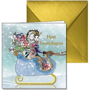 Kerstkaarten - 5 luxe kerstkaarten - met gouden envelop - zeeuws meisje - arrenslee - 5 st - feestdagenkaarten