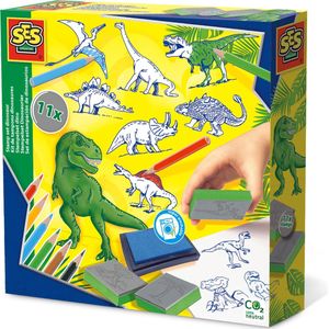 SES - Stempelset dino - 11 dinosauris stempels van foam - met stempelkussen, kleurpotloden en tekenpapier