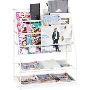 Relaxdays tijdschriftenrek metaal - tijdschriftenhouder vrijstaand - boekenrek - staand - wit