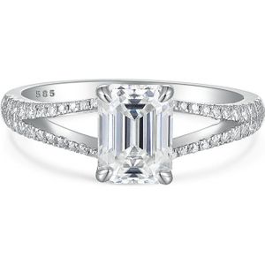 Emelise - 14k Witgouden Smaragd Geslepen Moissanite Ring met Split- 14k WitgoudenShank en Zijstenen - 0.6 karaat