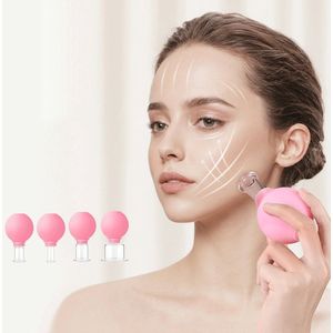 4-delige glazen cuppingset - glazen siliconen cups - massage vacuümzuignappen - cupping cups - facelifting Gua Sha - voor lichaam, gezicht, benen, armen, rug, schouders, spier- en gewrichtspijn (roze)