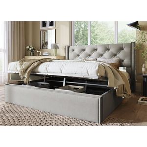 Crossover Retail® - Eenpersoonsbed 90x200 - Bed Met Opbergruimte - Gestoffeerd Bedframe - Incl. Latenbodem - Lichtgrijs