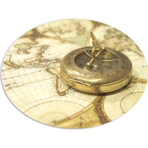 PVC Schuimplaat Ovaal - Gouden Kompas op Wereldkaart - 68x51 cm Foto op Ovaal (Met Ophangsysteem)
