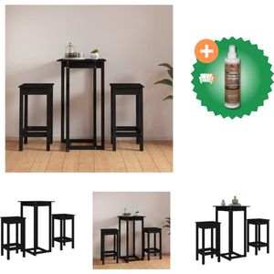 vidaXL 3-delige Barset massief grenenhout zwart - Set tafel en stoelen - Inclusief Houtreiniger en verfrisser