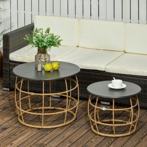 Set van 2 bijzettafels voor tuin en balkon, handgevlochten met tafelblad, Ø46+Ø60 cm, zandkleurig