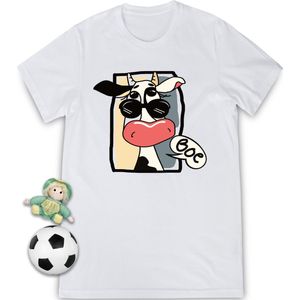 Grappig t shirt met cartoon koe - Tshirt jongens / meisjes - Unisex maten: 92, 104, 116, 128, 140, 152, 164 - T-shirt kleuren: wit, blauw, groen en roze.