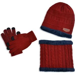 KB-ETHOS Unisex 3-Delige Winter Set Muts Sjaal Handschoenen Acryl Teddy Gevoerd Rood Blauw
