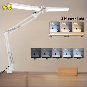Ortho® - 2Arms - Bureaulamp met Klem - Leeslamp - Monitor lamp - Thuiswerken - Handwerklamp - Hobbylamp - Borduurlamp - Puzzelen - Dubbele lichtbron - LED licht - Dimbaar - Lange Arm - Wit