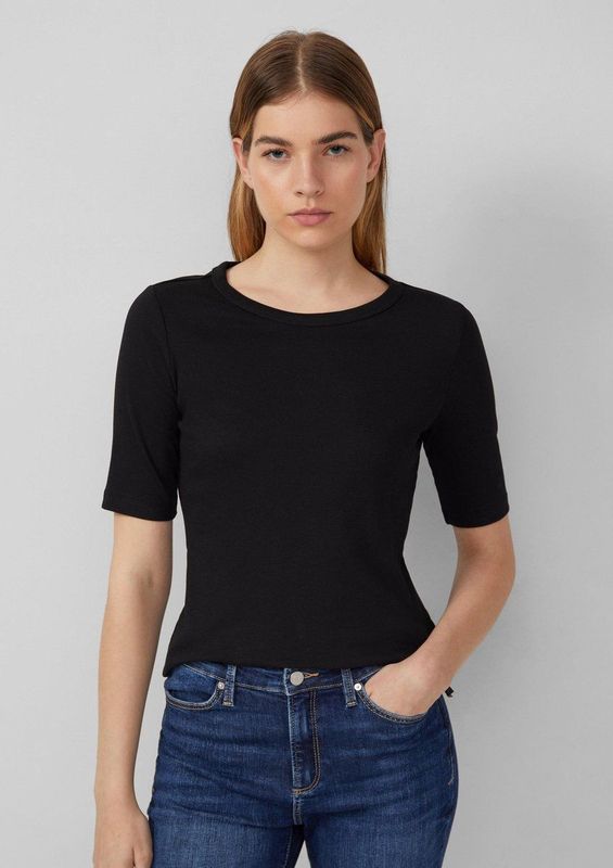 s.Oliver - Shirt - Zwart - Slanke Pasvorm - Kwartmouw