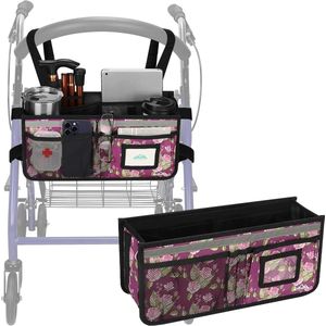 Grote Capaciteit Rollator Organizer Tas met Meerdere Vakken - Opvouwbare Waterdichte Opbergzak voor Senioren - Purper Bloemig