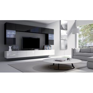 TV meubel - CALABRINI 1 - met LED verlichting - Hangmeubel - Wit glans + Zwart glans - 300 cm
